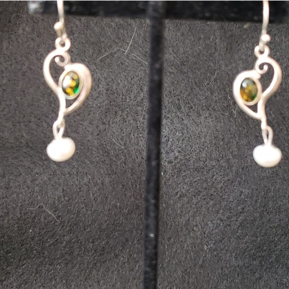 Green and Silver Teardrop Earrings with Pearl Accent